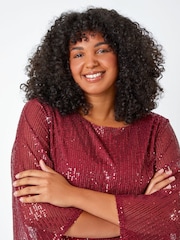 Roman Red Curve Sheer Sleeve Sequin Top - Image 4 of 5