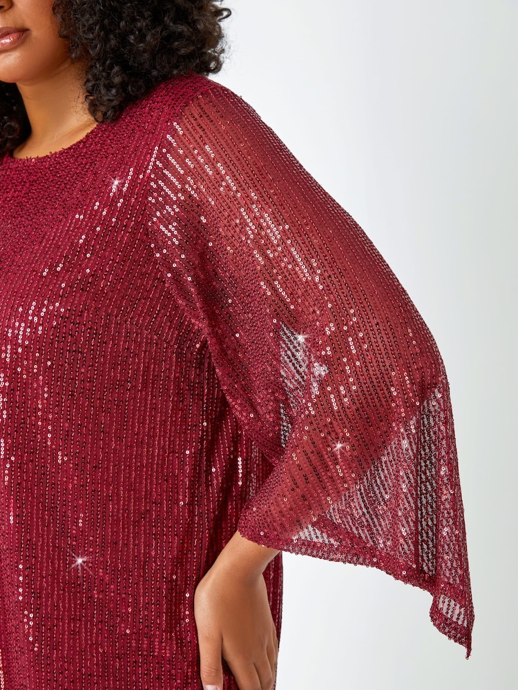 Roman Red Curve Sheer Sleeve Sequin Top - Image 5 of 5