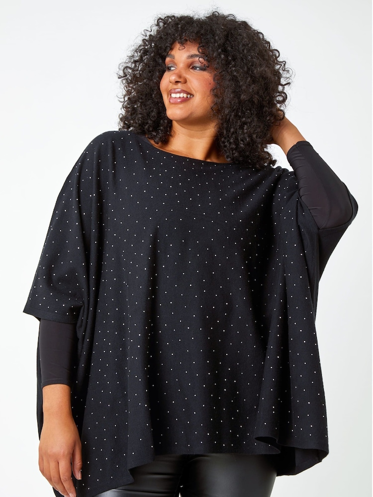 Roman Jet Black Curve Sparkle Embellished Poncho - Image 1 of 5