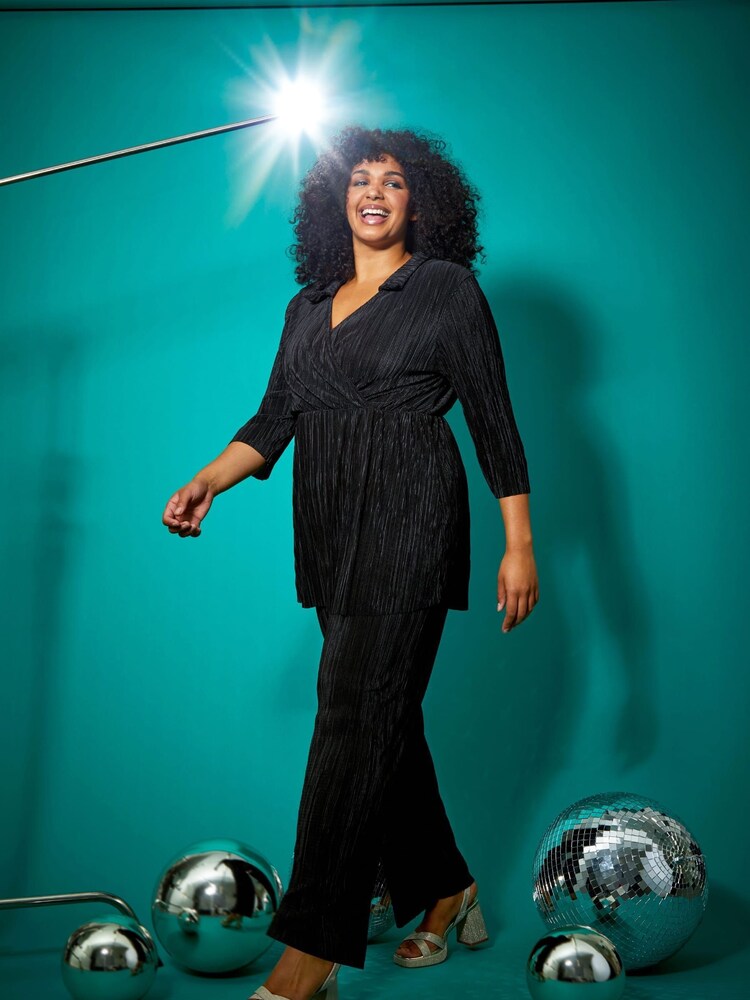 Roman Black Curve Plisse Wide Leg Stretch Trousers - Image 1 of 5