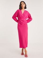 Simply Be Pink Ruched Tree Bark Midi Dress - Image 1 of 4