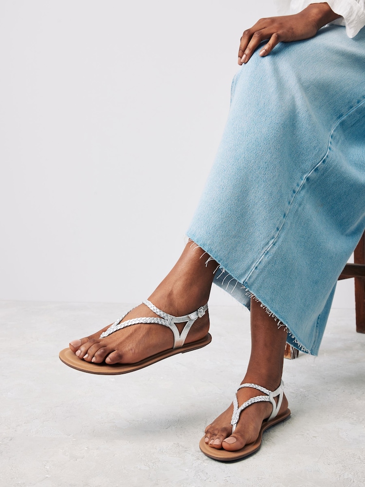 Silver Standard/Wide Fit Forever Comfort® Leather Plait Toe Post Flat Sandals - Image 1 of 6
