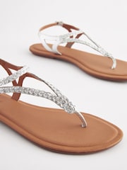 Silver Standard/Wide Fit Forever Comfort® Leather Plait Toe Post Flat Sandals - Image 4 of 6