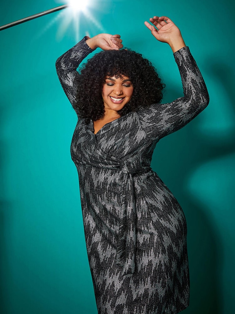 Roman Metallic Curve Shimmer Stretch Wrap Dress - Image 1 of 5