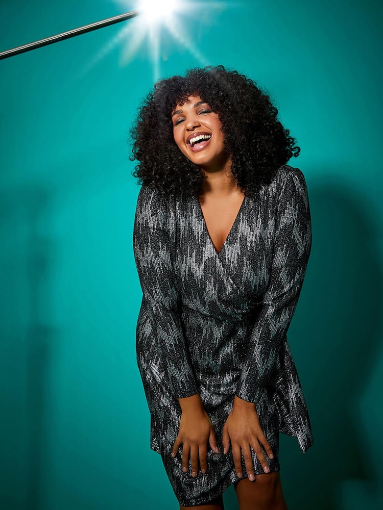 Roman Metallic Curve Shimmer Stretch Wrap Dress - Image 2 of 5