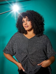 Roman Metallic Curve Twist Front Glitter Stretch Top - Image 2 of 5