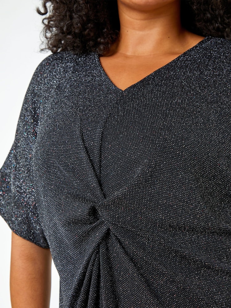Roman Metallic Curve Twist Front Glitter Stretch Top - Image 5 of 5