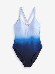 Blue Ombre Plunge Strappy Back Wired Tummy Shaping Control Swimsuit - Image 6 of 6