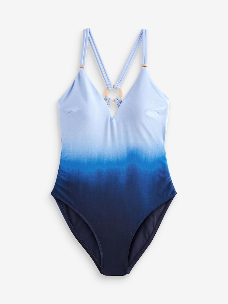 Blue Ombre Plunge Strappy Back Wired Tummy Shaping Control Swimsuit - Image 6 of 6