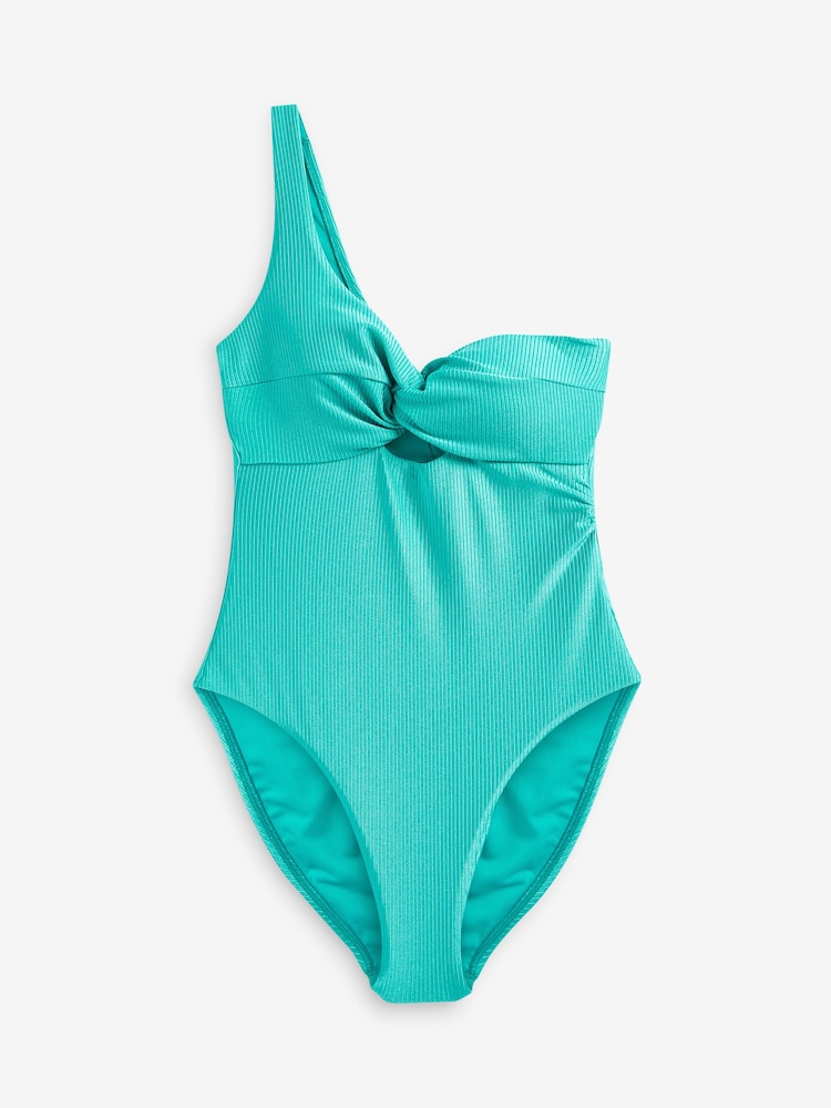 Teal Blue High Shine Myleene Klass One Shoulder Tummy Shaping Control Cutout Swimsuit - Image 8 of 8