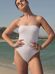 White Glitter Glitter Bandeau Tummy Shaping Control Swimsuit - Image 1 of 7
