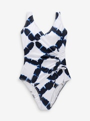 White/Blue Tie Dye Ruched Side Tummy Shaping Control Swimsuit - Image 6 of 6