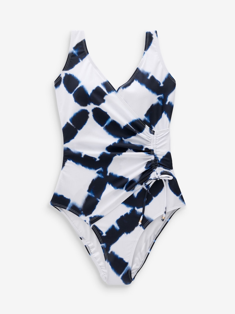 White/Blue Tie Dye Ruched Side Tummy Shaping Control Swimsuit - Image 6 of 6