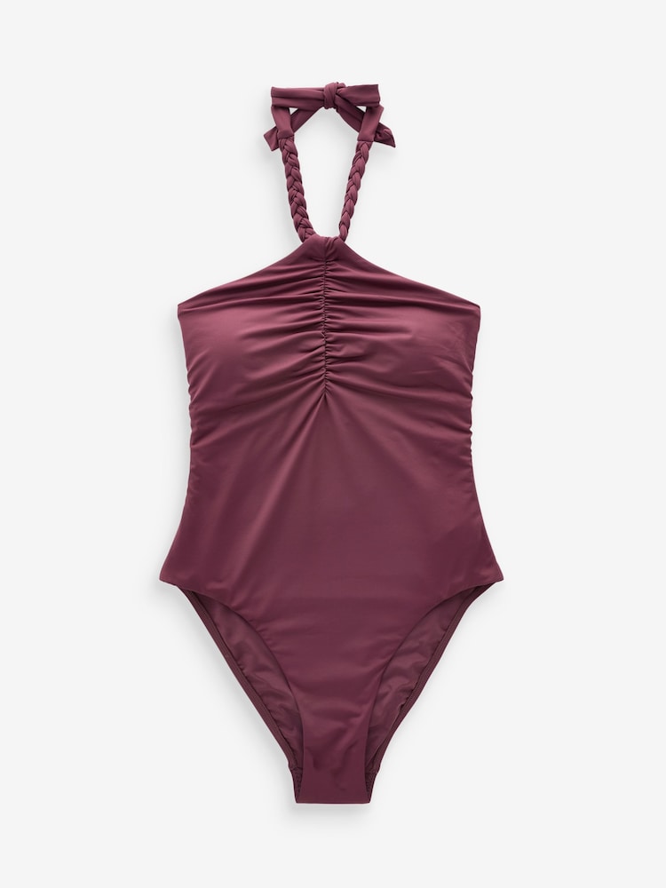 Mint Velvet Wine Red Tummy Control Ruched Front Plait Neck Tie - Image 3 of 5