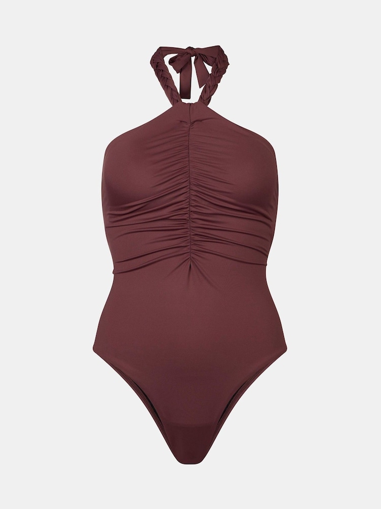 Mint Velvet Wine Red Tummy Control Ruched Front Plait Neck Tie - Image 4 of 5