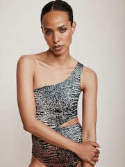 Mint Velvet Charcoal Snake Tummy Control One Shoulder Cutout Swimsuit - Image 1 of 8