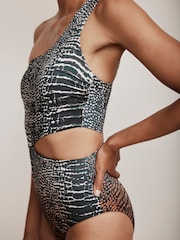Mint Velvet Charcoal Snake Tummy Control One Shoulder Cutout Swimsuit - Image 3 of 8