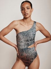 Mint Velvet Charcoal Snake Tummy Control One Shoulder Cutout Swimsuit - Image 4 of 8