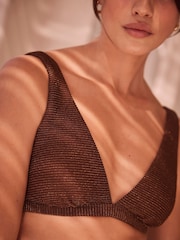 Mint Velvet Bronze Sparkle Ribbed Plunge Bikini Top - Image 2 of 4