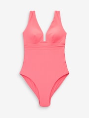 Coral Pink Rib Print Plunge Tummy Shaping Control Swimsuit - Image 5 of 5