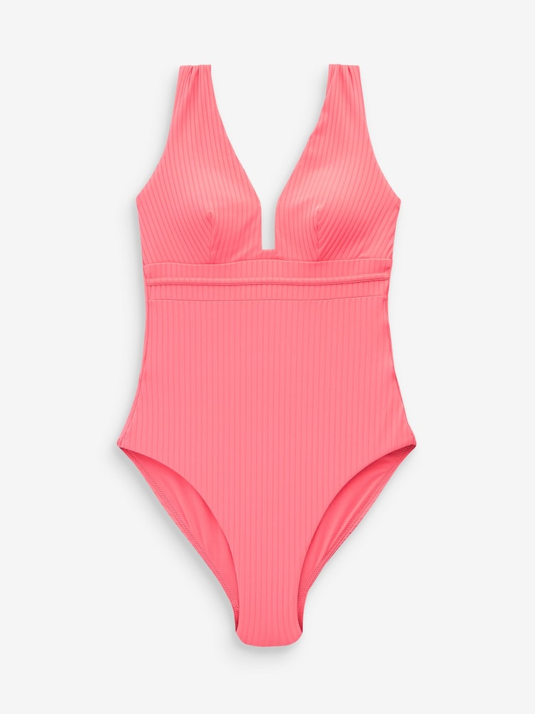 Coral Pink Rib Print Plunge Tummy Shaping Control Swimsuit - Image 5 of 5