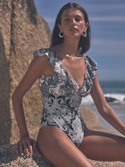 Blue/Cream Paisley Frill Plunge Tummy Shaping Control Swimsuit - Image 1 of 5