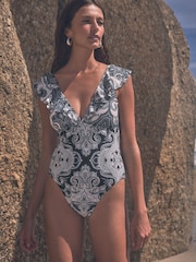 Blue/Cream Paisley Frill Plunge Tummy Shaping Control Swimsuit - Image 2 of 5