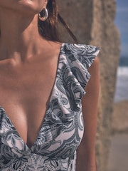 Blue/Cream Paisley Frill Plunge Tummy Shaping Control Swimsuit - Image 4 of 5