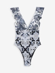 Blue/Cream Paisley Frill Plunge Tummy Shaping Control Swimsuit - Image 5 of 5