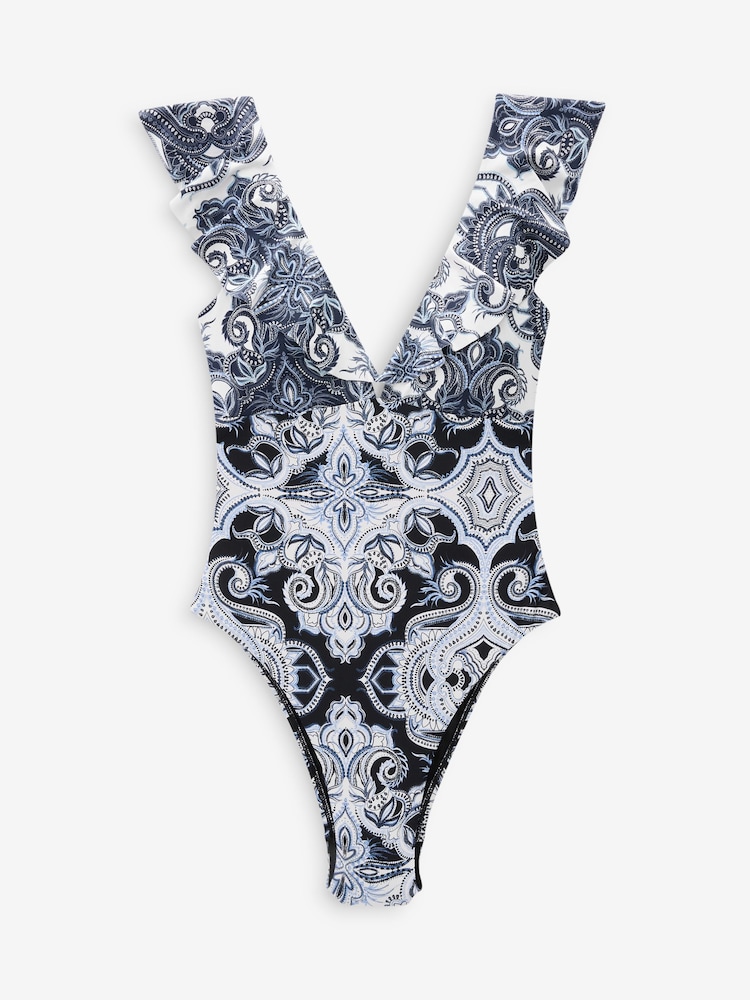 Blue/Cream Paisley Frill Plunge Tummy Shaping Control Swimsuit - Image 5 of 5