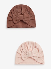 Pink/Rust Baby Bow Turban 100% Cotton Hats 2 Pack (0mths-2yrs) - Image 1 of 4