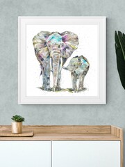Artko White Elephant and Baby by Nicola Jane Rowles Framed Art - Image 1 of 3