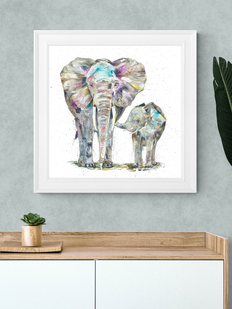 Artko White Elephant and Baby by Nicola Jane Rowles Framed Art - Image 1 of 3