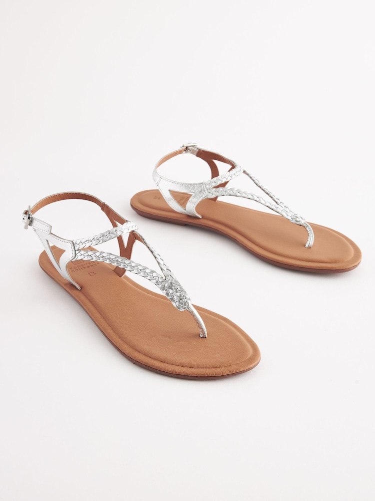 Silver Extra Wide Fit Forever Comfort® Leather Plait Toe Post Flat Sandals - Image 1 of 5