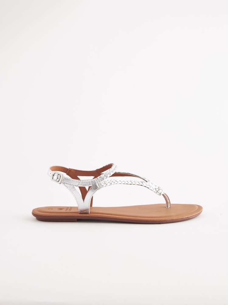 Silver Extra Wide Fit Forever Comfort® Leather Plait Toe Post Flat Sandals - Image 2 of 5