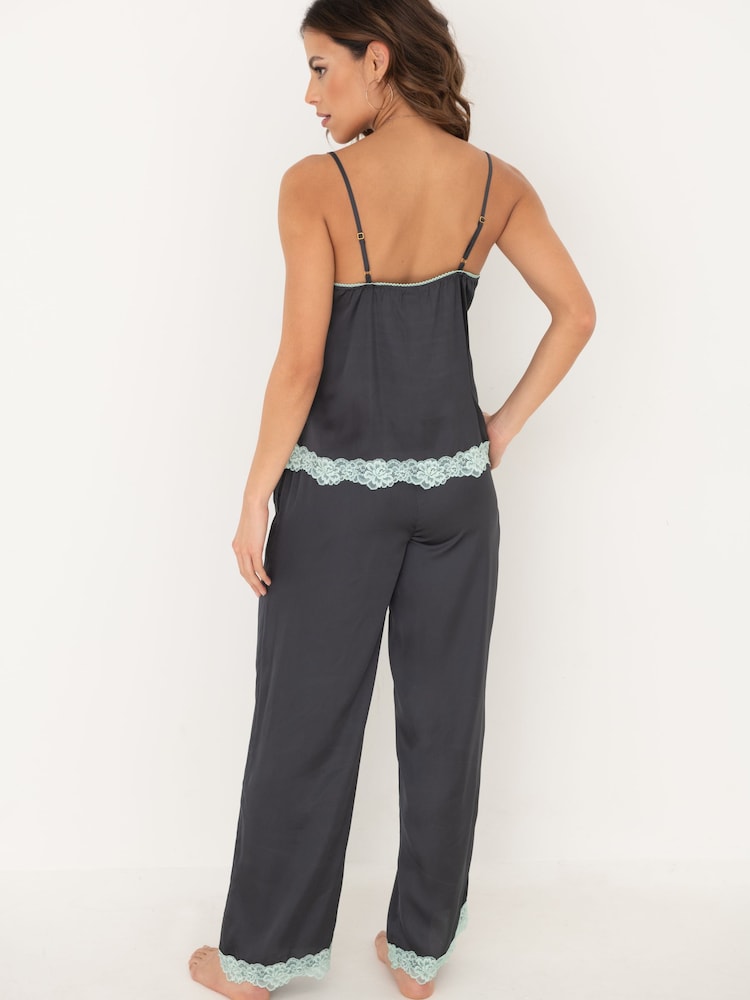 Pour Moi Grey Dusk Satin Lace Cami and Trousers Pyjamas Set - Image 2 of 4
