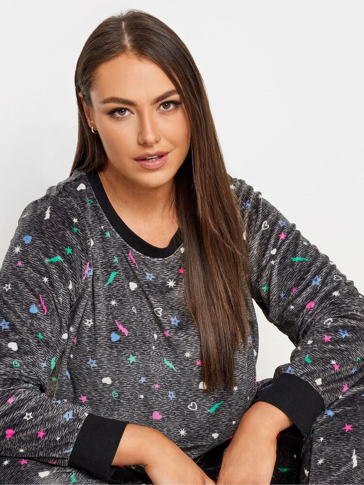 Yours Curve Grey Mini Motif Velour Lounge Set - Image 4 of 4