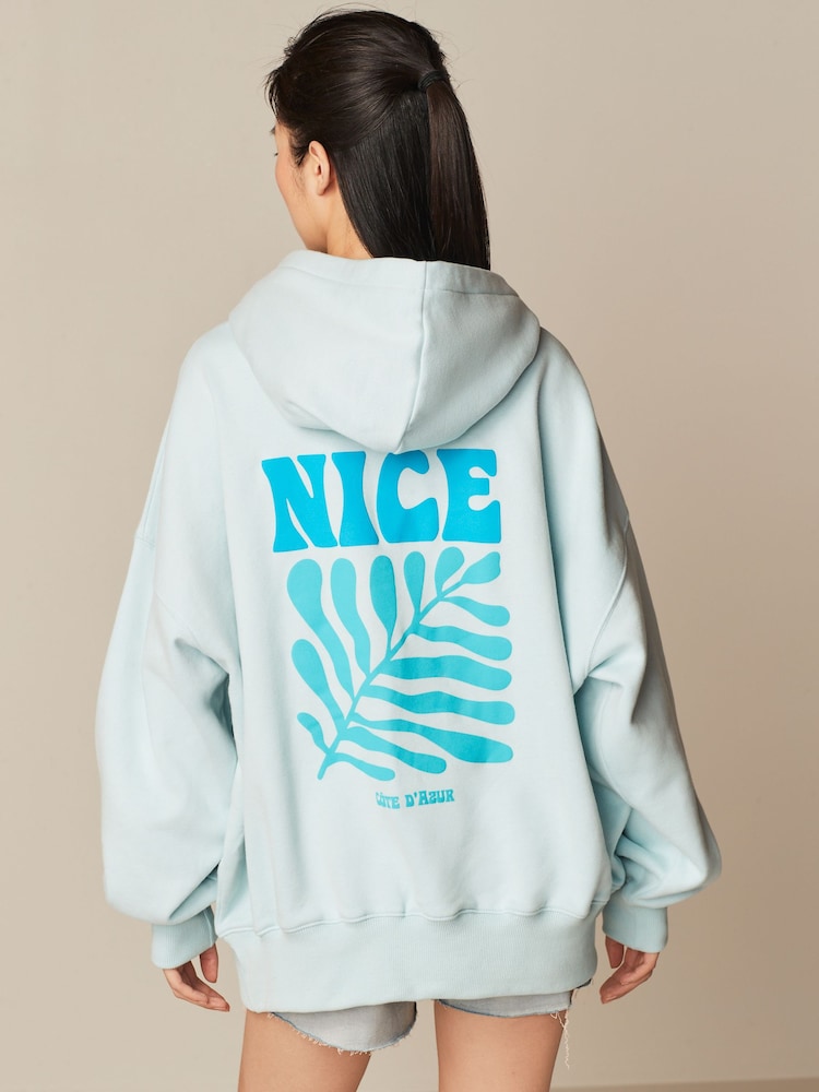 Aqua Blue Oversized Relaxed Fit Back Graphic Slogan Longline Hoodie - Image 1 of 1