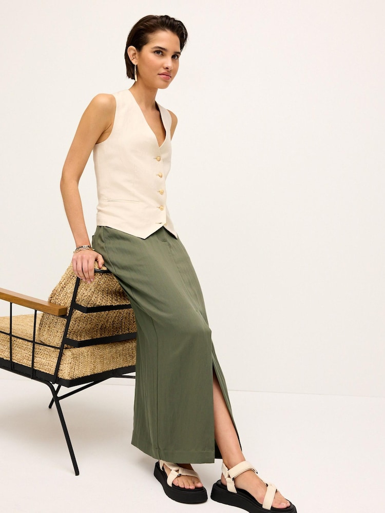 Khaki Green Utility Midi Skirt With Centre Slit - Image 2 of 7