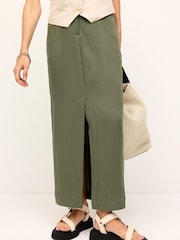Khaki Green Utility Midi Skirt With Centre Slit - Image 3 of 7