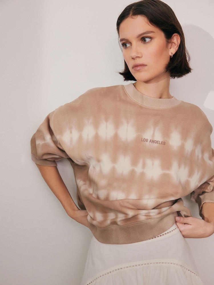 Neutral Relaxed Fit Tie Dye Embroidered LA Graphic Slogan Sweatshirt - Image 1 of 6