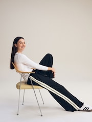 Black Slinky Wide Leg Corduroy Side Stripe Track Trousers - Image 1 of 7
