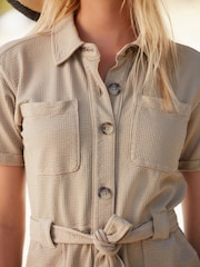 Neutral Seersucker Textured Jersey Button Front Belted Utility Shirt Dress - Image 2 of 6