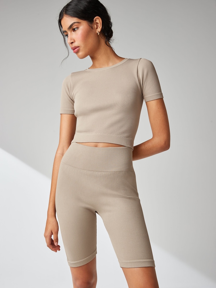Grey High Waist Ribbed Cycling Shorts - Image 1 of 6