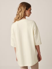 Ecru White 100% Cotton Relaxed Fit Heavyweight Longline Crew Neck T-Shirt - Image 4 of 7