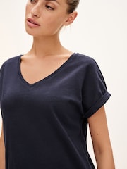 Navy 100% Cotton Relaxed V-Neck Capped Sleeve Tunic Dress - Image 3 of 5