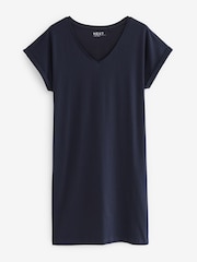 Navy 100% Cotton Relaxed V-Neck Capped Sleeve Tunic Dress - Image 4 of 5