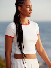 Red/White Slim Fit Ribbed Short Sleeve Crew Neck T-Shirt - Image 1 of 5