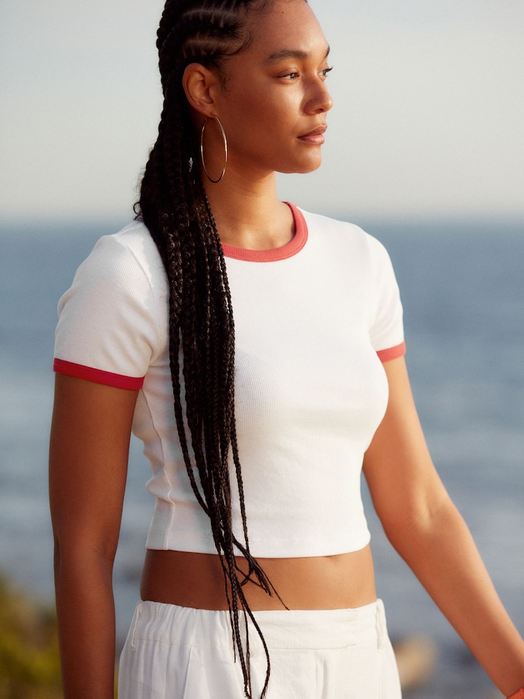 Red/White Slim Fit Ribbed Short Sleeve Crew Neck T-Shirt - Image 1 of 5