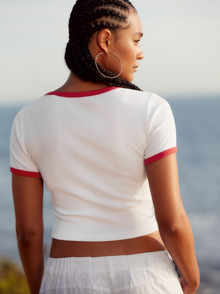 Red/White Slim Fit Ribbed Short Sleeve Crew Neck T-Shirt - Image 2 of 5